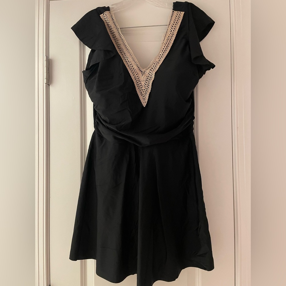 Swim-dress Black and Tan A-Line ruched One Piece with Tie Front